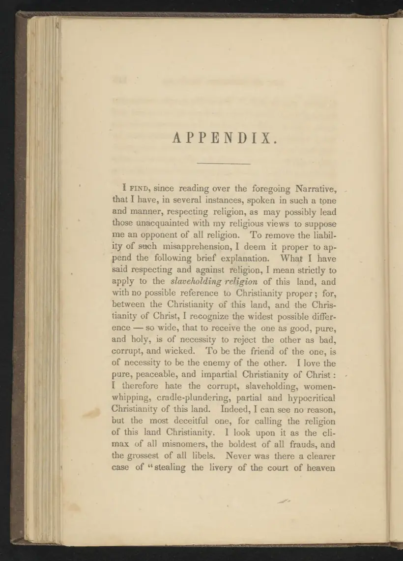 Page 118 of the 1845 first edition: the opening of Douglass's Appendix